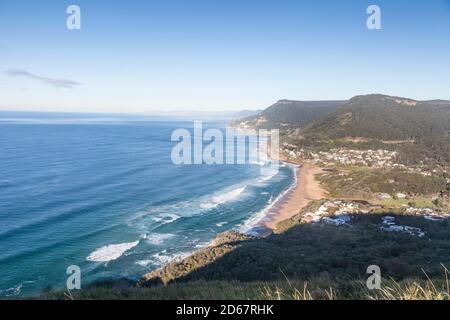 View of Stanwell Park Beach and the Illawarra Escarpment from Lawrence Hargraves Lookout, Bald Hill, Stanwell Tops. Stock Photo