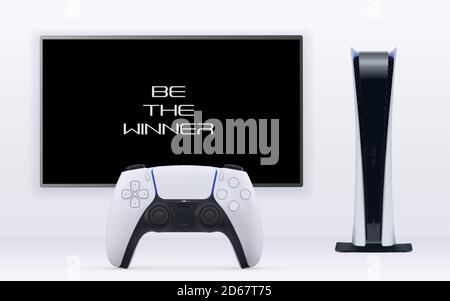 Digital edition Console 3d gaming vector concept. Play station with black and white remote controller in front of TV Stock Vector
