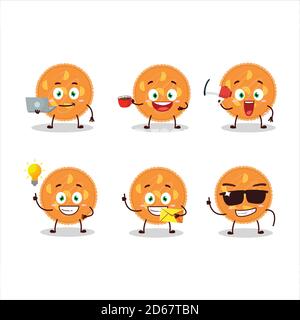 Orange pie cartoon character with various types of business emoticons Stock Vector