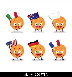 Orange pie cartoon character bring the flags of various countries Stock Vector