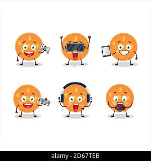 Orange pie cartoon character are playing games with various cute emoticons Stock Vector