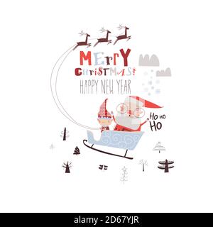 Happy Santa Claus riding sleigh with helper Stock Vector
