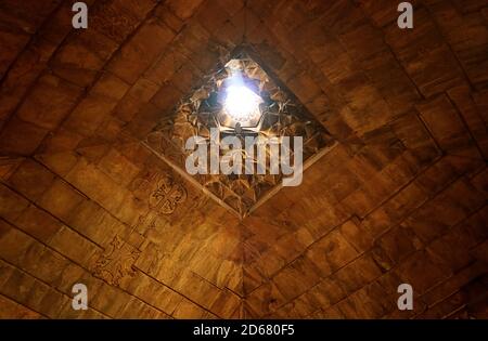 Sunlight Shining Through the Gorgeous Ceiling of Surb Astvatsatsin Church, Noravank Monastery Complex, Armenia Stock Photo