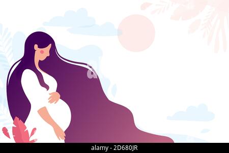 Pretty young pregnant woman. Pregnancy and motherhood. Mommy on the background of nature, simple landscape. Flat vector illustration isolated on white background Stock Vector