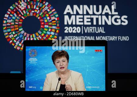 Washington, USA. 14th Oct, 2020. International Monetary Fund (IMF) Managing Director Kristalina Georgieva speaks during a virtual news conference for the annual meeting of the World Bank Group and the IMF in Washington, DC, the United States, on Oct. 14, 2020. Credit: Liu Jie/Xinhua/Alamy Live News Stock Photo