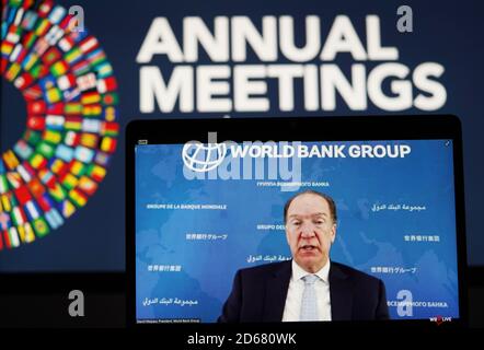 Washington, USA. 14th Oct, 2020. World Bank Group President David Malpass speaks at a virtual news conference during the annual meetings of the World Bank Group and the International Monetary Fund (IMF) in Washington, DC, the United States, on Oct. 14, 2020. Credit: Liu Jie/Xinhua/Alamy Live News Stock Photo