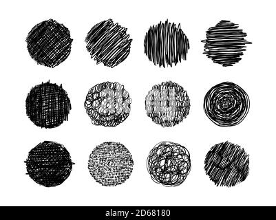 Set of grunge textures in pencil, pen. thin line scribbles, circles with different shading, engraving. A set of round shapes with free lines for design. Vector illustration Stock Vector