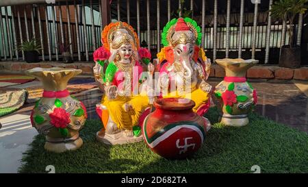 Kalash with coconut and mango leaf, essential in hindu Durga puja, front view, closeup Stock Photo