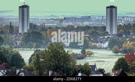 Glasgow, Scotland, UK,15th October, 2020: UK Weather: Drop in overnight temperatures saw an early morning frost over the city. Queen Elizabeth hospital and the south of the city behind the greens of Knightswood golf course turned white overnight.. Credit: Gerard Ferry/Alamy Live News Stock Photo