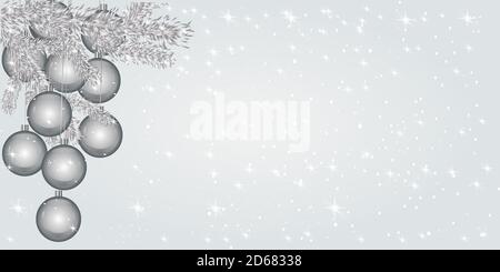 Christmas background with silver christmas balls. Light Christmas and New year banner with baubles, white fir branch and stars with copy space. Vector Stock Vector