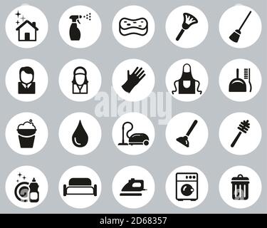 Cleaning Product & Equipment Icons Black & White Flat Design Circle Set Big Stock Vector