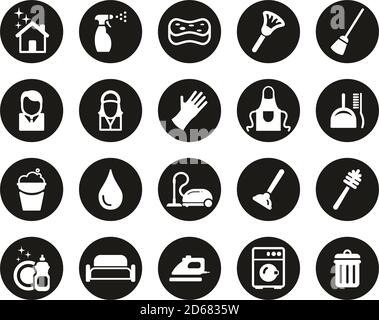 Cleaning Product & Equipment Icons White On Black Flat Design Circle Set Big Stock Vector