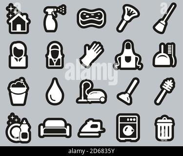 Cleaning Product & Equipment Icons White On Black Sticker Set Big Stock Vector