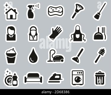 Cleaning Product & Equipment Icons Black & White Sticker Set Big Stock Vector