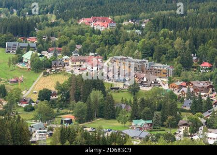 Summer aerial view of Harrachov town in Czech Karkonosze mountains Stock Photo