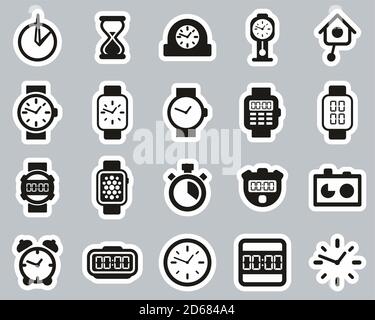 Clock Or Watch Icons Black & White Sticker Set Big Stock Vector