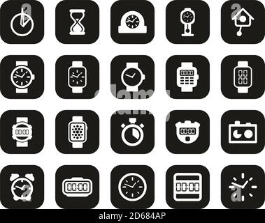 Clock Or Watch Icons White On Black Flat Design Set Big Stock Vector