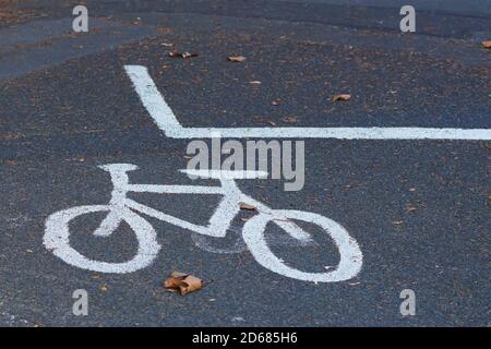 bicycle sign and symbol in white paint on an asphalt pavement or sidewalk indicating a cycle lane or path concept road safety Stock Photo