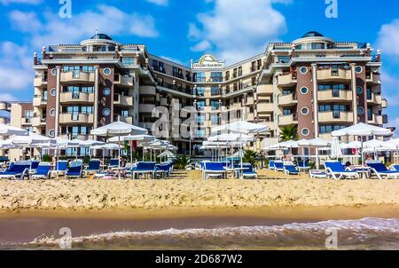 Sunny Beach, Bulgaria. Hotel in resort city in the summer. First line Stock Photo