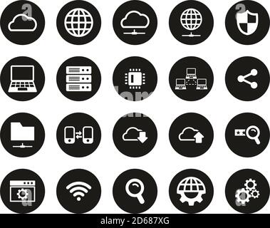 Cloud Network Icons White On Black Flat Design Circle Set Big Stock Vector
