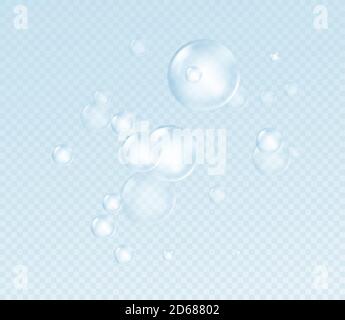 Realistic soap bubble isolated on transparent background. Real transparency effect. Water foam bubbles set. Vector illustration Stock Vector