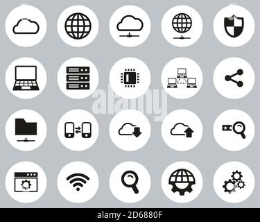 Cloud Network Icons Black & White Flat Design Circle Set Big Stock Vector