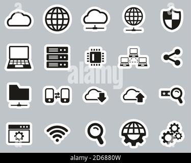 Cloud Network Icons Black & White Sticker Set Big Stock Vector