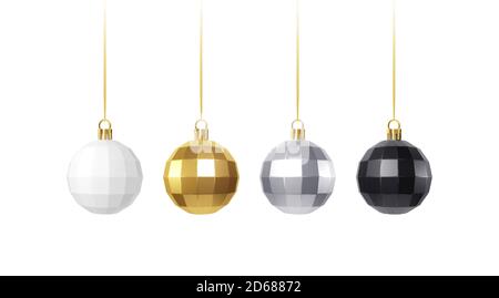 Set of golden, white, siver and black realistic christmas decorations isolated on white background. Vector illustration Stock Vector