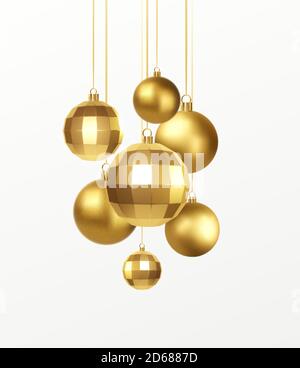 Set of golden realistic christmas decorations isolated on white background. Vector illustration Stock Vector