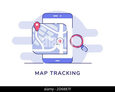 Map tracking concept pointer location on display smartphone screen white isolated background with flat outline style Stock Vector