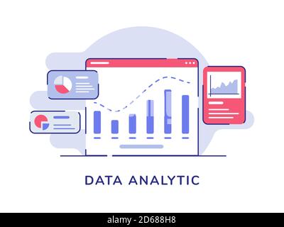Data analytic concept bar chart on display computer screen pie curve chart white isolated background with flat outline style Stock Vector