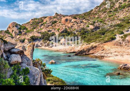 Scenic view over the picturesque Cala Corsara in the island of Spargi, one of the highlights of the Maddalena Archipelago, Sardinia, Italy Stock Photo