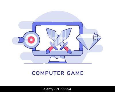 Computer game concept two sword on display computer screen target board diamond white isolated background with flat outline style Stock Vector