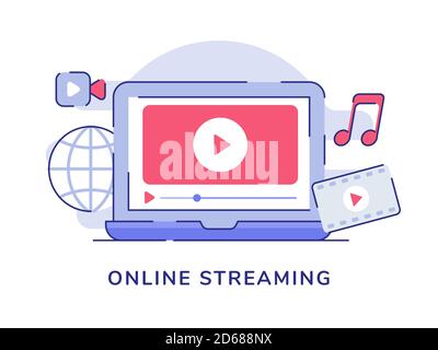 Online streaming concept video playing film music on display laptop screen white isolated background with flat outline style Stock Vector