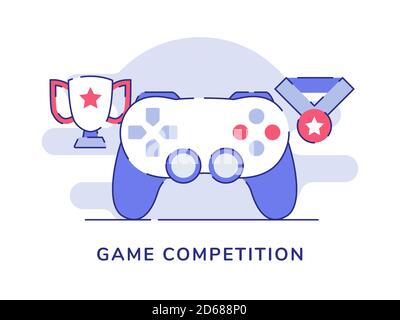 Game competition concept joystick trophy medal white isolated background with flat outline style Stock Vector
