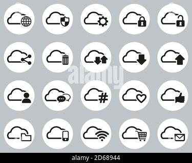 Cloud Service Black & White Flat Design Circle Set Big Stock Vector