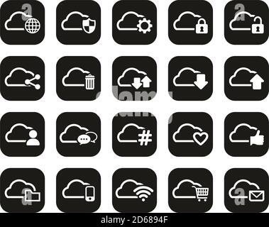 Cloud Service White On Black Flat Design Set Big Stock Vector