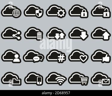 Cloud Service White On Black Sticker Set Big Stock Vector