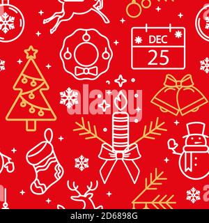 Red seamless pattern with Christmas symbols icons Stock Vector