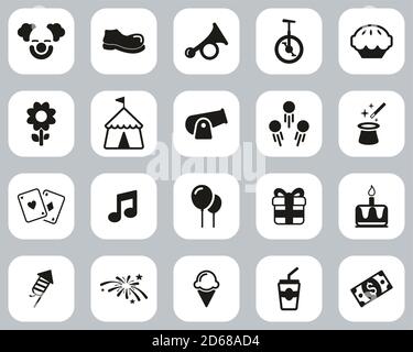 Clown Or Clown Show Black & White Flat Design Set Big Stock Vector