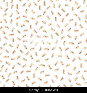 Groups of pencils and rulers ditsy seamless vector pattern on a white background. Dense backdrop with tossed colorful drawing and writing pens. Design Stock Vector