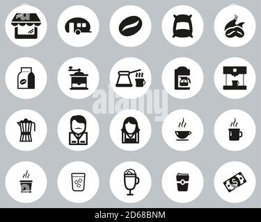 Coffee Shop Icons Black & White Flat Design Circle Set Big Stock Vector