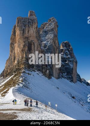 The iconic Drei Zinnen - Tre Cime di Lavaredo in South Tyrol ñ Alto Adige in the Dolomites, a unesco world heritage site. View from Paternsattel with Stock Photo