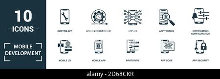 Mobile Development icon set. Monochrome sign collection with mobile ux, mobile app, prototype, app code and over icons. Mobile Development elements Stock Vector