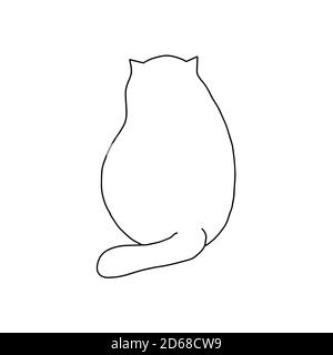 Vector outline illustration of a simple cute funny sitting cat view from behind, hand drawn doodle cartoon image on the white background Stock Vector