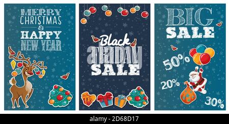 Set of Holiday Big sale posters with cute cartoon characters and lettering Stock Vector