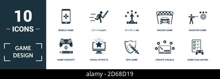 Game Design icon set. Monochrome sign collection with game concept, visual effects, rpg game, create visuals and over icons. Game Design elements set. Stock Vector