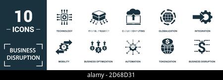 Business Disruption icon set. Monochrome sign collection with innovation, big data, change, digitization and over icons. Business Disruption elements Stock Vector