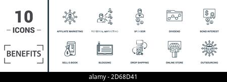 Benefits icon set. Monochrome sign collection with sell e-book, blogging, drop shipping, online store and over icons. Benefits elements set. Stock Vector