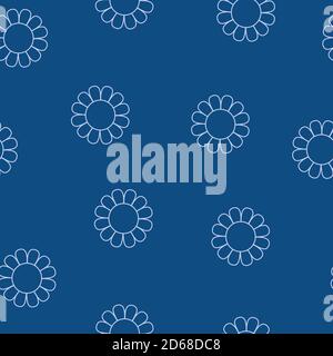 Repeat pattern of simple white outline flowers on the classic blue background, abstract simple floral ornament Stock Vector